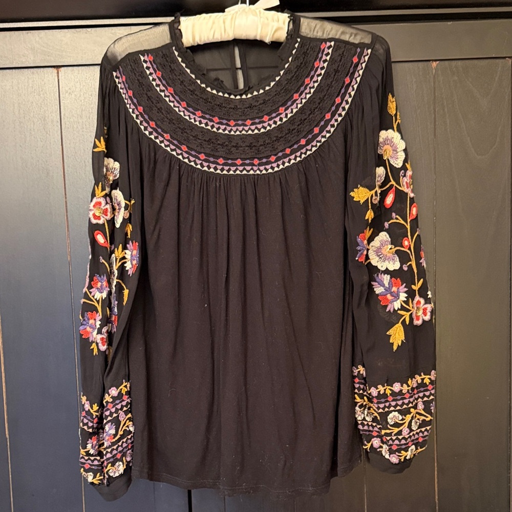 Elegant Black Blouse with Vibrant Floral Embroidery